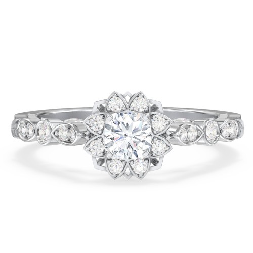 Vintage Solitaire Diamond Engagement Ring with Accents and Floral Setting - "The Audrey" – 10K White Gold with Lab Diamond