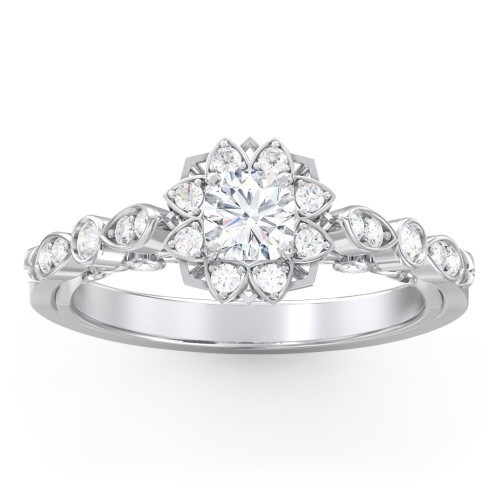 Vintage Solitaire Diamond Engagement Ring with Accents and Floral Setting - "The Audrey" – 10K White Gold with Lab Diamond