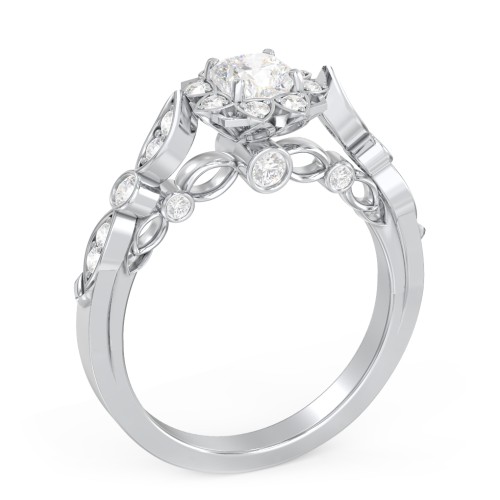 Vintage Solitaire Diamond Engagement Ring with Accents and Floral Setting - "The Audrey" – 10K White Gold with Lab Diamond