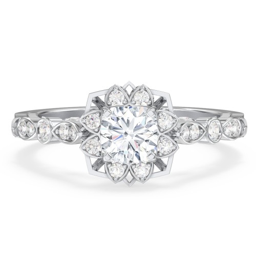 Vintage Solitaire Diamond Engagement Ring with Accents and Floral Setting - "The Audrey" – 10K White Gold with Lab Diamond