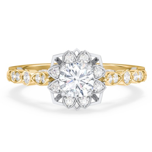 Vintage Solitaire Diamond Engagement Ring with Accents and Floral Setting - "The Audrey" – 10K Yellow Gold with 04LABDIAM-CU-1.00-VS2-G-G and Lab Diamond