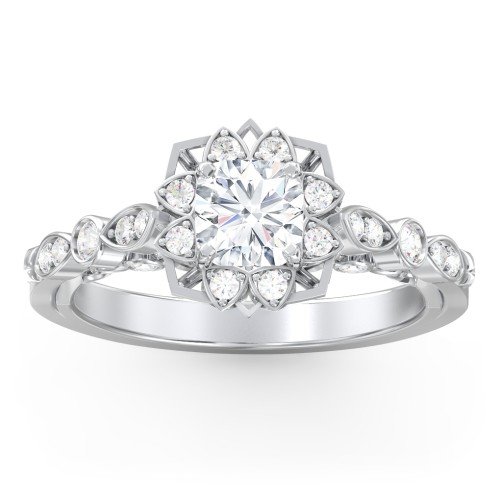 Vintage Solitaire Diamond Engagement Ring with Accents and Floral Setting - "The Audrey" – 10K White Gold with Lab Diamond