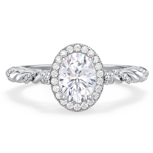 Vintage Diamond Engagement Ring with Accents and Halo Setting - "The Rita" – 10K White Gold with Lab Diamond