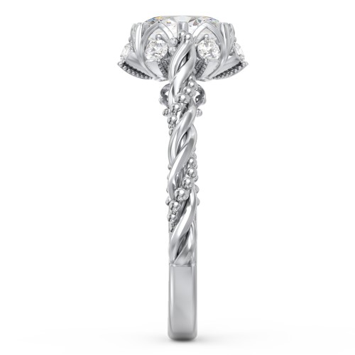 Vintage Solitaire Diamond Engagement Ring with Accents and Floral Setting - "The Rita" – 10K White Gold with Lab Diamond