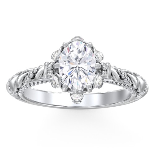 Vintage Solitaire Diamond Engagement Ring with Accents and Floral Setting - "The Rita" – 10K White Gold with Lab Diamond