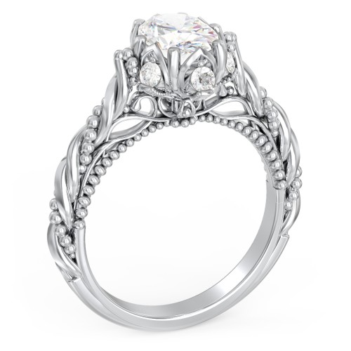 Vintage Solitaire Diamond Engagement Ring with Accents and Floral Setting - "The Rita" – 10K White Gold with Lab Diamond
