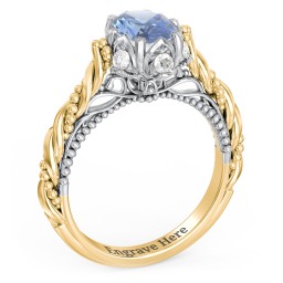 Vintage Solitaire Diamond Engagement Ring with Accents and Floral Setting - "The Rita" in 10K Solid Yellow Gold with IceBlueSapp-OV-1.00 and Lab Diamond