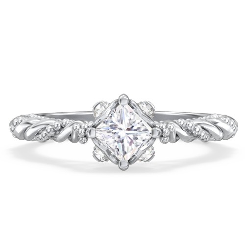 Vintage Solitaire Diamond Engagement Ring with Accents and Floral Setting - "The Rita" – 10K White Gold with Lab Diamond