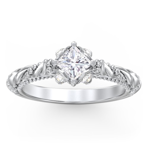 Vintage Solitaire Diamond Engagement Ring with Accents and Floral Setting - "The Rita" – 10K White Gold with Lab Diamond