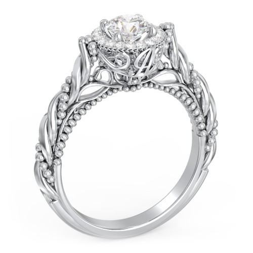 Vintage Diamond Engagement Ring with Accents and Halo Setting - "The Rita" – 10K White Gold with Lab Diamond