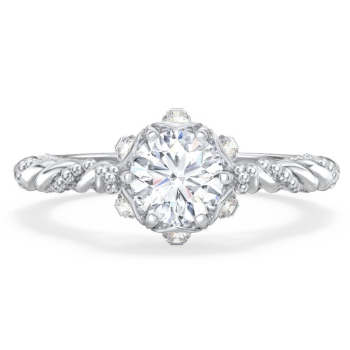 Vintage Solitaire Diamond Engagement Ring with Accents and Floral Setting - "The Rita" – 10K White Gold with Lab Diamond