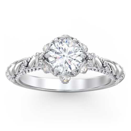 Vintage Solitaire Diamond Engagement Ring with Accents and Floral Setting - "The Rita" – 10K White Gold with Lab Diamond