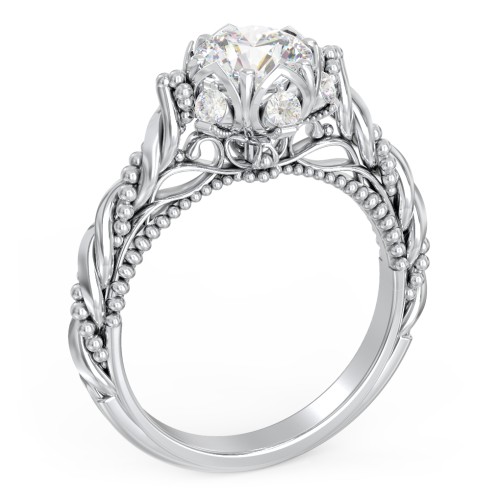 Vintage Solitaire Diamond Engagement Ring with Accents and Floral Setting - "The Rita" – 10K White Gold with Lab Diamond