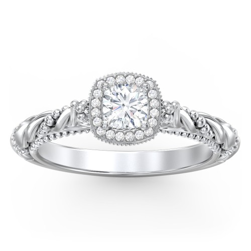 Vintage Diamond Engagement Ring with Accents and Halo Setting - "The Rita" – 10K White Gold with Lab Diamond