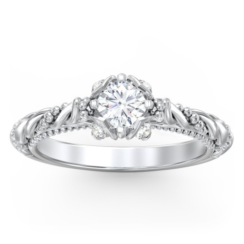 Vintage Solitaire Diamond Engagement Ring with Accents and Floral Setting - "The Rita" – 10K White Gold with Lab Diamond