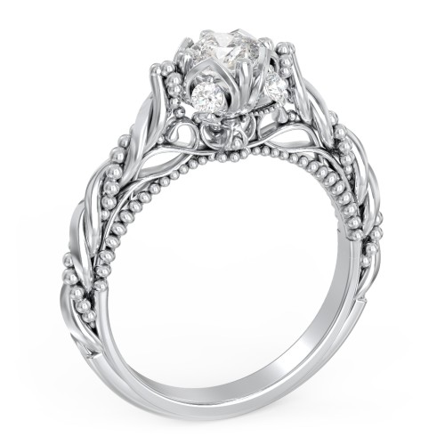 Vintage Solitaire Diamond Engagement Ring with Accents and Floral Setting - "The Rita" – 10K White Gold with Lab Diamond