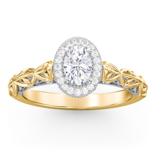Diamond Halo Engagement Ring with Leaf and Vine Details - "The Ava" – 10K Yellow Gold with Lab Diamond