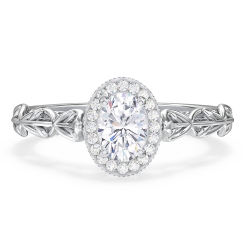 Diamond Halo Engagement Ring with Leaf and Vine Details - "The Ava" – 10K White Gold with Lab Diamond