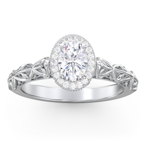 Diamond Halo Engagement Ring with Leaf and Vine Details - "The Ava" – 10K White Gold with Lab Diamond