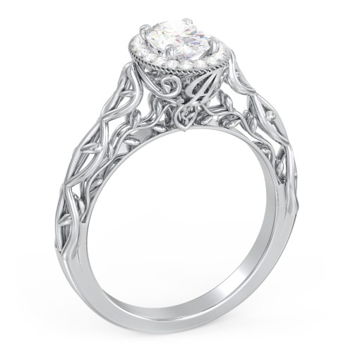 Diamond Halo Engagement Ring with Leaf and Vine Details - "The Ava" – 10K White Gold with Lab Diamond