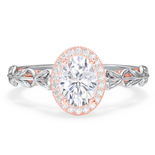Diamond Halo Engagement Ring with Leaf and Vine Details - "The Ava" – 14K White Gold with Lab Diamond