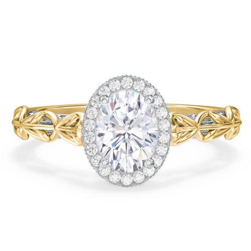 Diamond Halo Engagement Ring with Leaf and Vine Details - "The Ava" – 10K Yellow Gold with Lab Diamond
