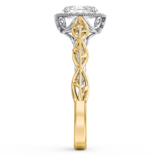 Diamond Halo Engagement Ring with Leaf and Vine Details - "The Ava" – 10K Yellow Gold with Lab Diamond