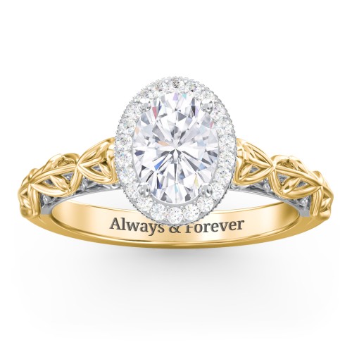 Diamond Halo Engagement Ring with Leaf and Vine Details - "The Ava" – 10K Yellow Gold with Lab Diamond