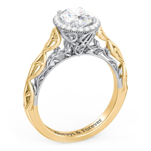 Diamond Halo Engagement Ring with Leaf and Vine Details - "The Ava" – 10K Yellow Gold with Lab Diamond