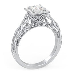 Diamond Halo Engagement Ring with Leaf and Vine Details - "The Ava"