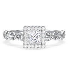 Diamond Halo Engagement Ring with Leaf and Vine Details - "The Ava" – 10K White Gold with Lab Diamond