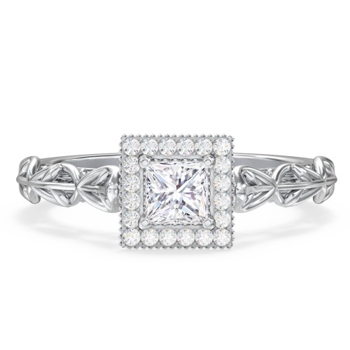 Diamond Halo Engagement Ring with Leaf and Vine Details - "The Ava" – 10K White Gold with Lab Diamond