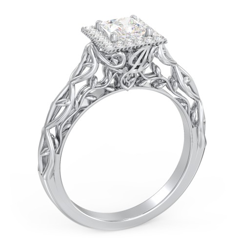 Diamond Halo Engagement Ring with Leaf and Vine Details - "The Ava" – 10K White Gold with Lab Diamond