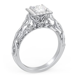 Diamond Halo Engagement Ring with Leaf and Vine Details - "The Ava"