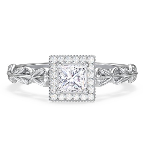 Diamond Halo Engagement Ring with Leaf and Vine Details - "The Ava" – 10K White Gold with Lab Diamond
