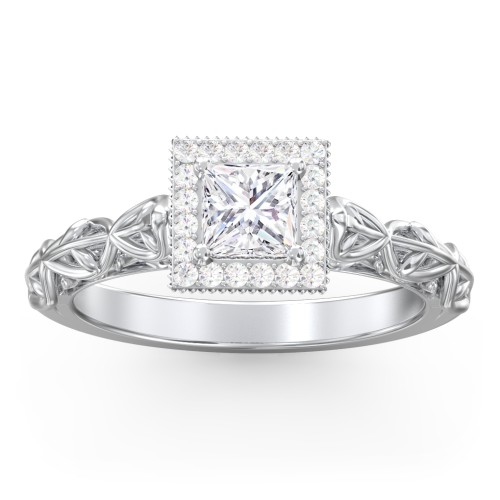 Diamond Halo Engagement Ring with Leaf and Vine Details - "The Ava" – 10K White Gold with Lab Diamond