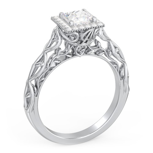 Diamond Halo Engagement Ring with Leaf and Vine Details - "The Ava" – 10K White Gold with Lab Diamond