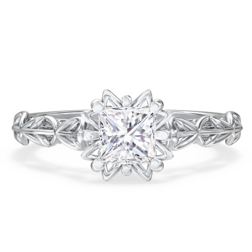 Solitaire Diamond Engagement Ring with Leaf and Vine Details - "The Ava" – 10K White Gold
