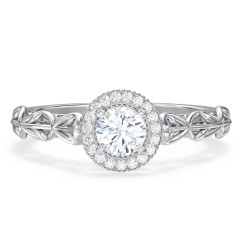Diamond Halo Engagement Ring with Leaf and Vine Details - "The Ava" – 10K White Gold with Lab Diamond
