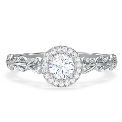 Diamond Halo Engagement Ring with Leaf and Vine Details - "The Ava" – 10K White Gold with Lab Diamond