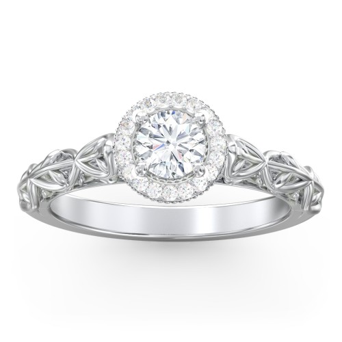 Diamond Halo Engagement Ring with Leaf and Vine Details - "The Ava" – 10K White Gold with Lab Diamond