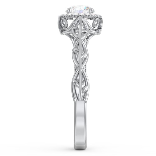 Diamond Halo Engagement Ring with Leaf and Vine Details - "The Ava" – 10K White Gold with Lab Diamond