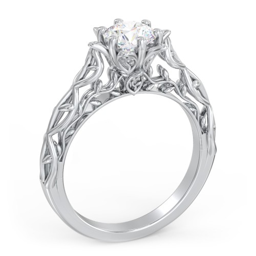 Solitaire Diamond Engagement Ring with Leaf and Vine Details - "The Ava" – 10K White Gold