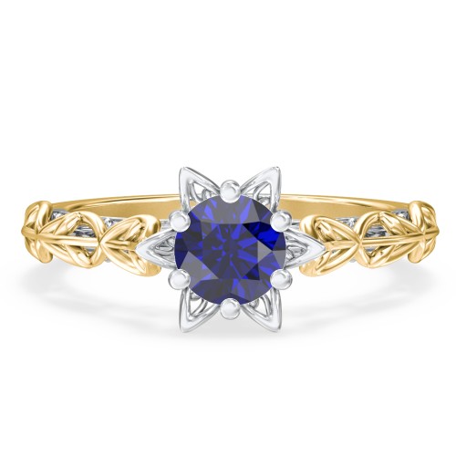 Solitaire Diamond Engagement Ring with Leaf and Vine Details - "The Ava" – 10K Yellow Gold with 09BSAP-RD-0.70