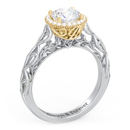 Diamond Halo Engagement Ring with Leaf and Vine Details - "The Ava"