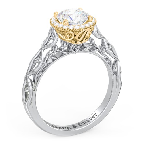 Diamond Halo Engagement Ring with Leaf and Vine Details - "The Ava"