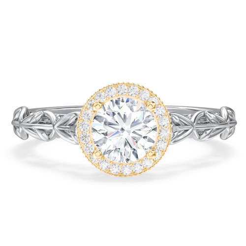 Diamond Halo Engagement Ring with Leaf and Vine Details - "The Ava" – 14K White Gold with Lab Diamond