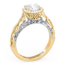 Diamond Halo Engagement Ring with Leaf and Vine Details - "The Ava" in 10K Solid Yellow Gold with 04LABDIAM-RD-1.00-SI1-F-VG and Lab Diamond