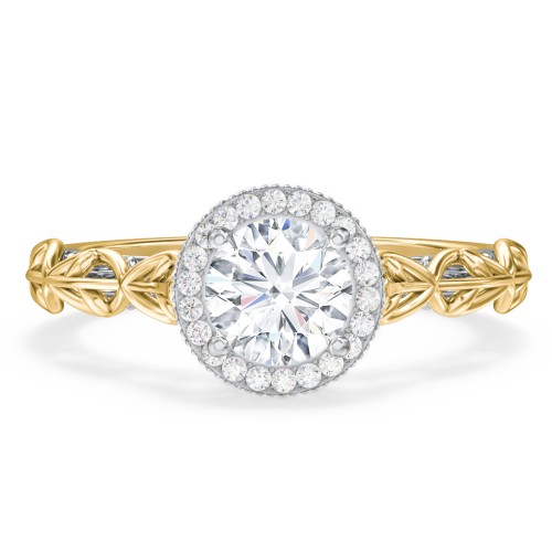 Diamond Halo Engagement Ring with Leaf and Vine Details - "The Ava" – 10K Yellow Gold with Lab Diamond