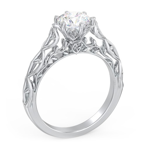 Solitaire Diamond Engagement Ring with Leaf and Vine Details - "The Ava" – 10K White Gold